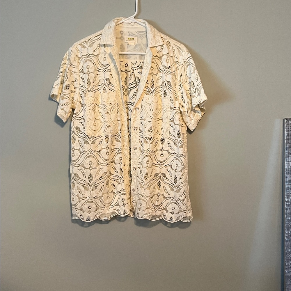 Anthropologie Cream Lace Short Sleeve Button-Up Blouse